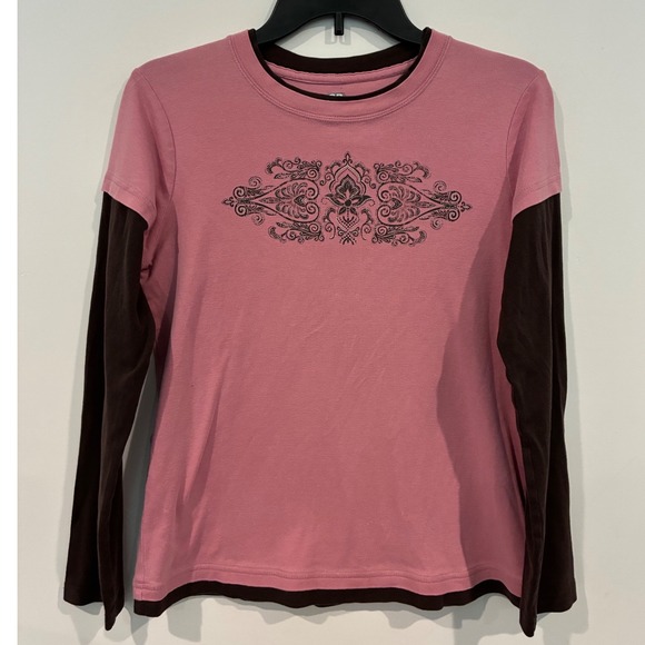 Sb Active Tops - Y2K Petite M Layered Pink Brown Rhinestone Graphic Top Twilight Bella Swan Core